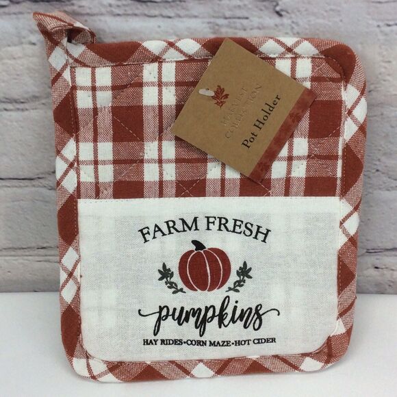 Fall "Farm Fresh" Pumpkins 3 Pc Kitchen Set Gingham Farmhouse - Picture 4 of 8